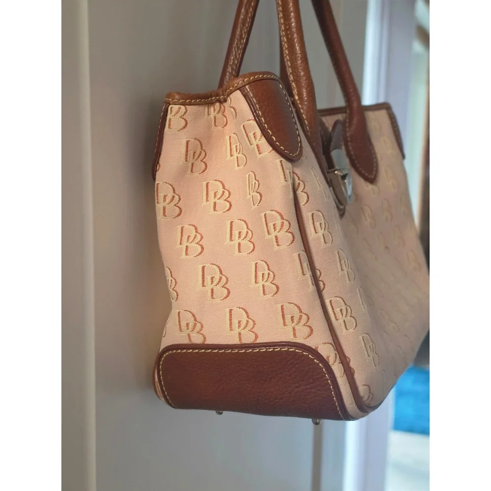 Dooney & Bourke Signature Monogram Beige Canvas Satchel Bag Brown Leather Trim